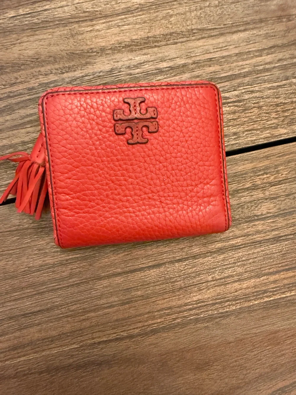 Tory Burch Coral-Red Pebbled Leather Zip Card Holder